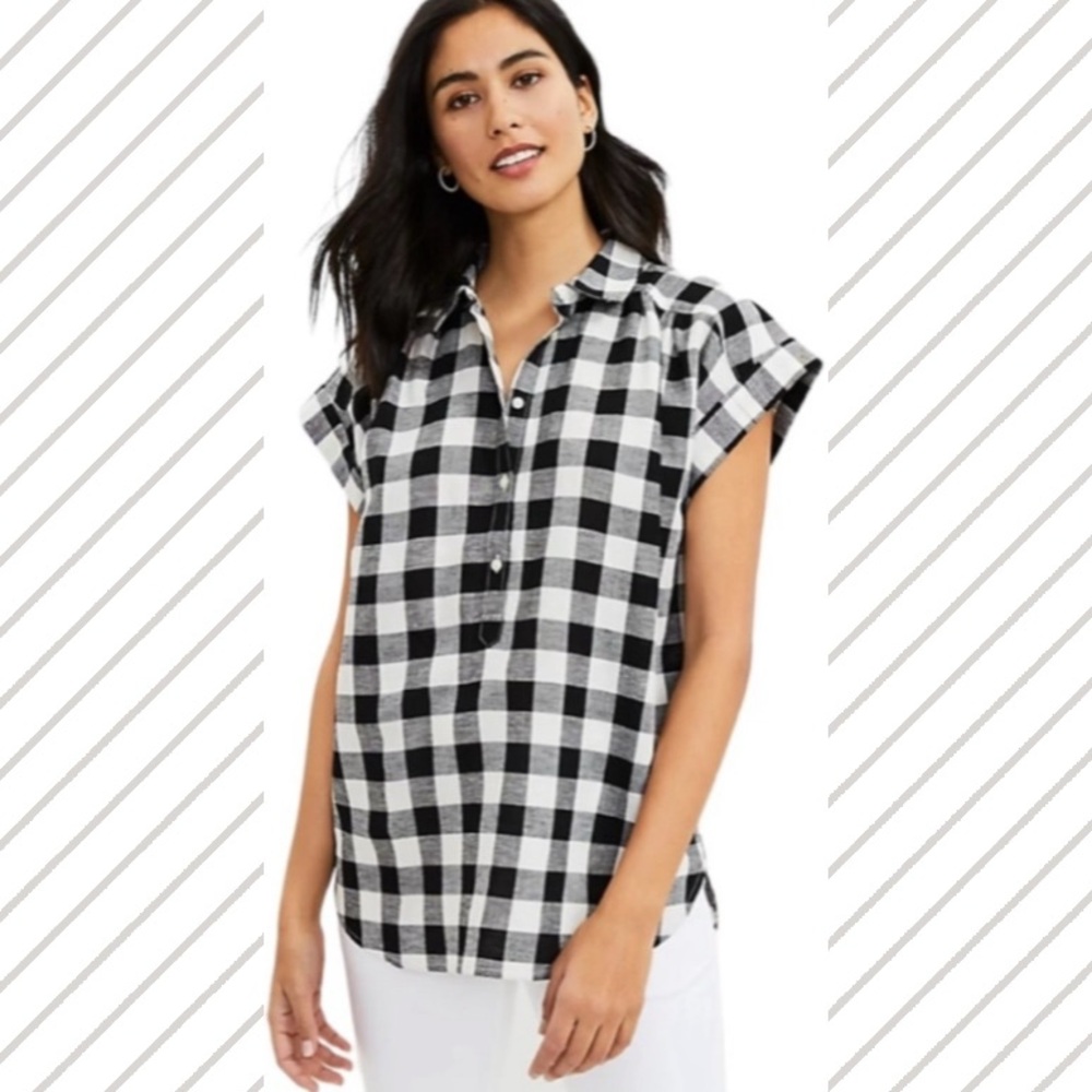 Loft Black & White Checkered Print Linen Cotton Blend Gingham Dolman Henley Top